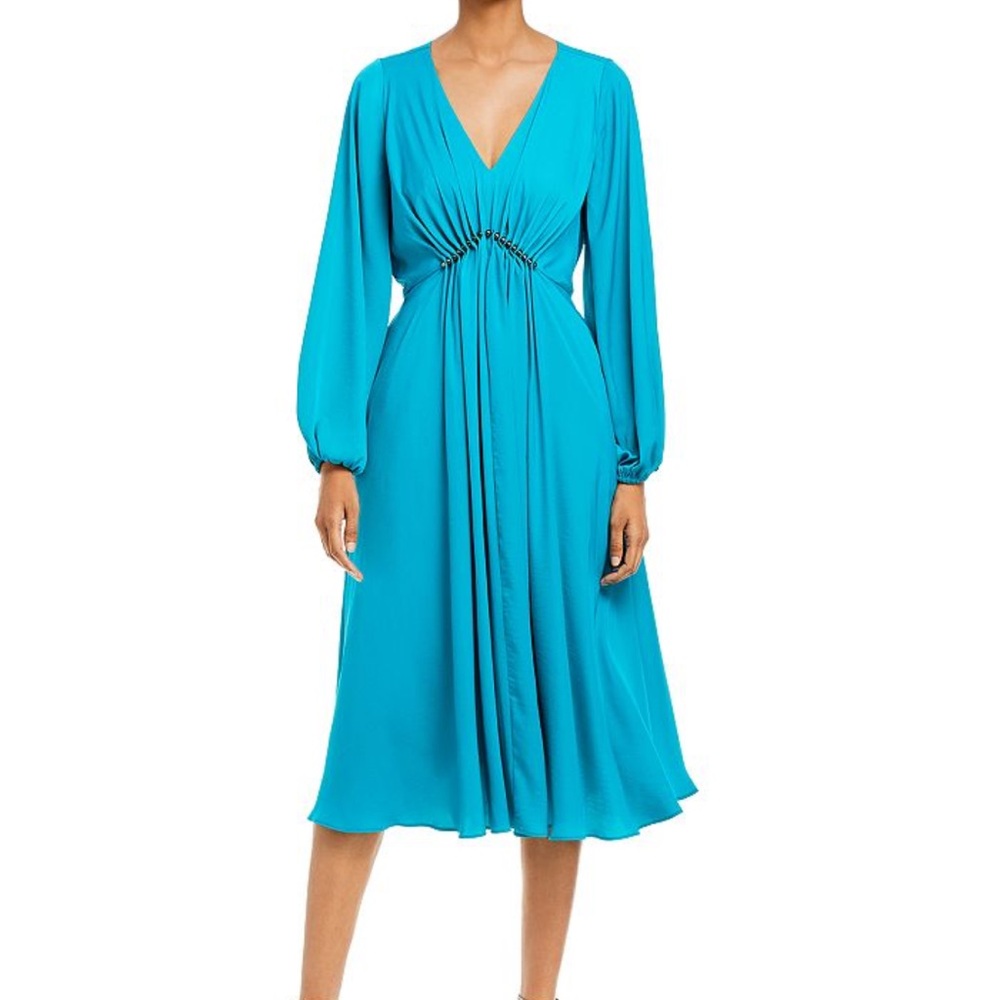 Kobi Halperin Portia Gathered Long Sleeve Hammered Satin Blue Midi Dress size M